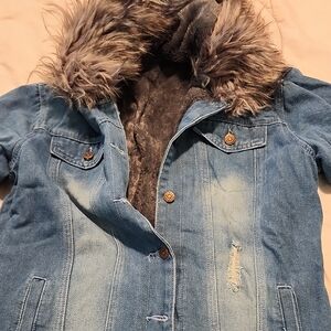 Denim Jacket with Faux Fur Collar